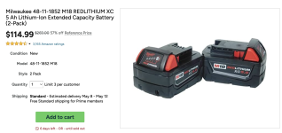 Milwaukee 48-11-1852 M18 REDLITHIUM XC 5 Ah Lithium-Ion Extended Capacity Battery (2-Pack).png Milwaukee 48-11-1852 M18 REDLITHIUM XC 5 Ah Lithium-Ion Extended Capacity Battery (2-Pack).png