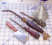 F1 cheese cleaver, Stanly wood chisle Prestolite torch head old screwdriver alum funnel.jpg