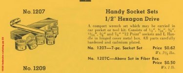 Indestro 1207 'Handy' 7-pc 1.2 hex drive SAE socket set - 1935 Indestro catalog pp 22.jpg Indestro 1207 'Handy' 7-pc 1.2 hex drive SAE socket set - 1935 Indestro catalog pp 22.jpg