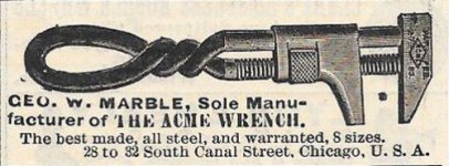 1887 Geo. W. Marble Acme Wrench (patent 273170) ad.jpg 1887 Geo. W. Marble Acme Wrench (patent 273170) ad.jpg