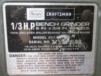 257.191200 Craftsman 3rd hp bench grinder SN 314xx0799.jpg